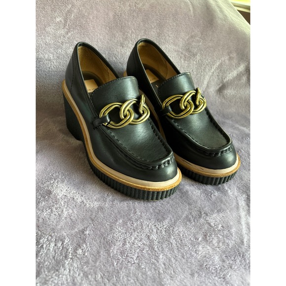 Dolce Vita Shoes - Dolce Vita Women Black Leather Chain Link Platform Wedge Loafers Size 6.5